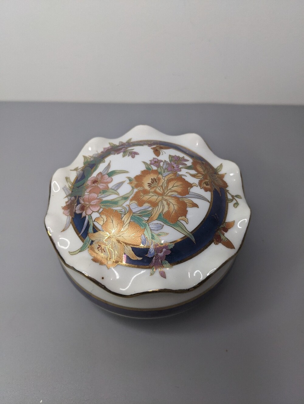 1960s Japan Porcelain Trinket Box Blue Gold Floral Hand Painted Vanity Decor